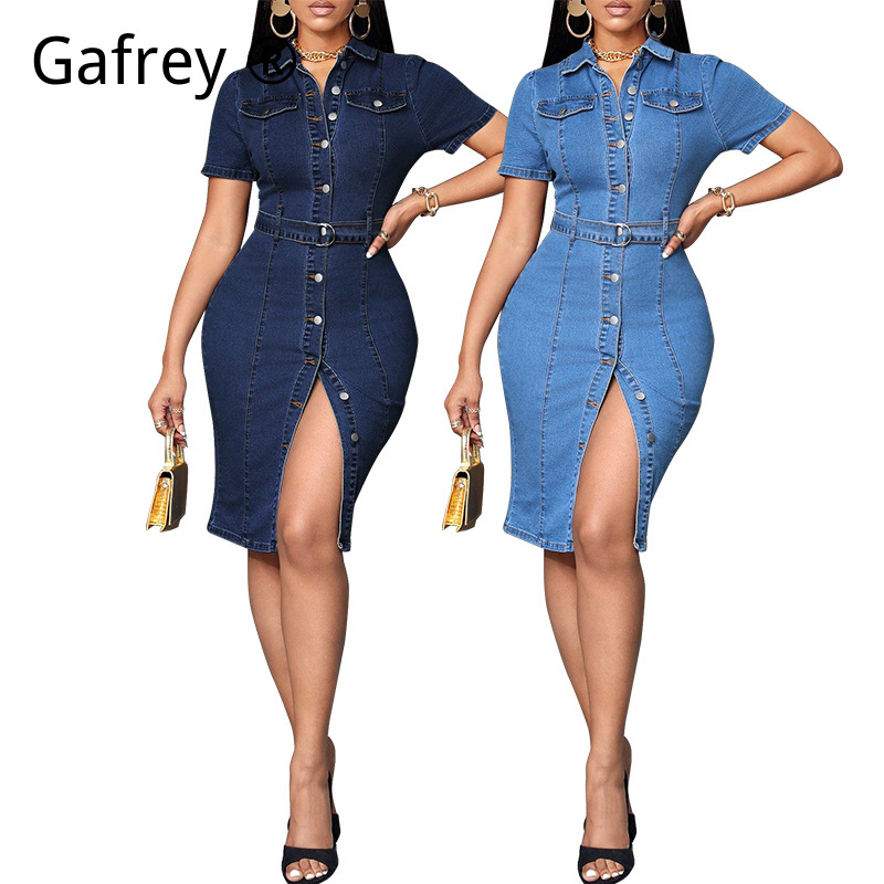 Vintage Fashion Outfit - Women Denim Midi Dress Stretch Slim