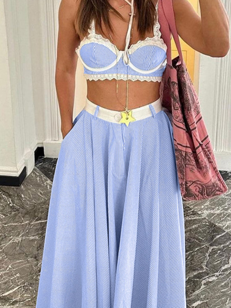 Vintage Fashion Outfit - Summer New Halter Crop Tops&Long Skirts