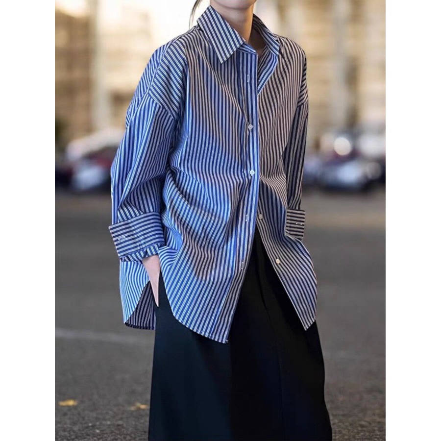 Blue Striped Loose Long Sleeve - Vintage Fashion Hong Kong ulasan dan harga