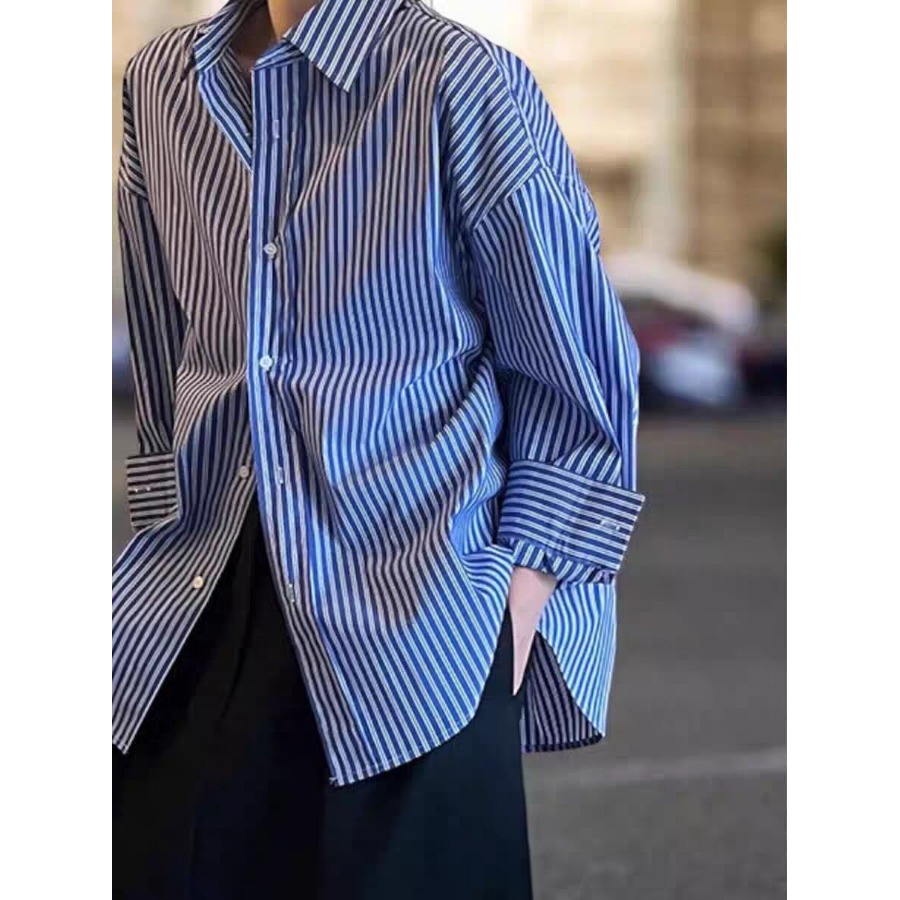 Blue Striped Loose Long Sleeve - Vintage Fashion Hong Kong ulasan dan harga
