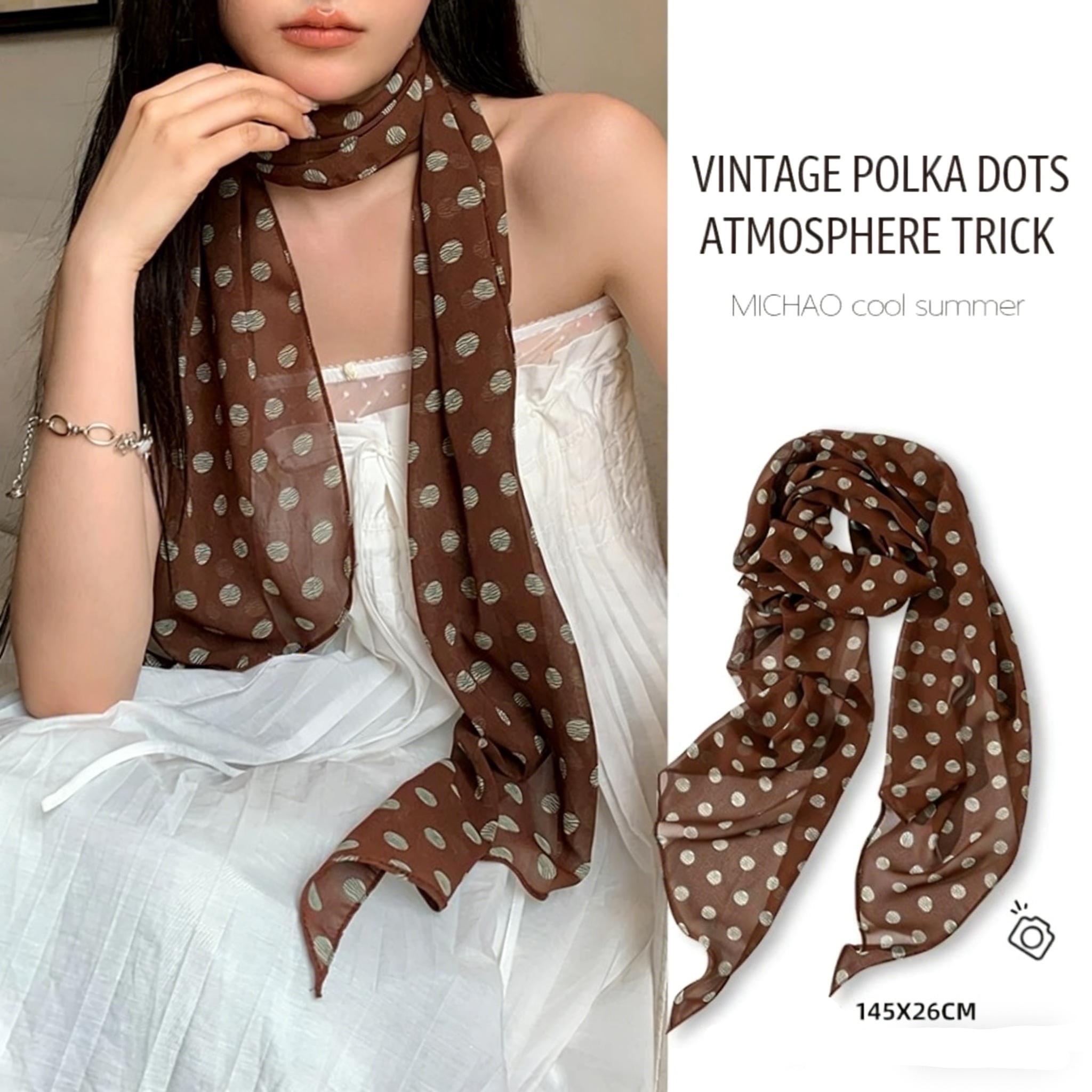 Vintage Polka Dot Chiffon Scar - Vintage Fashion Outfit ulasan dan harga