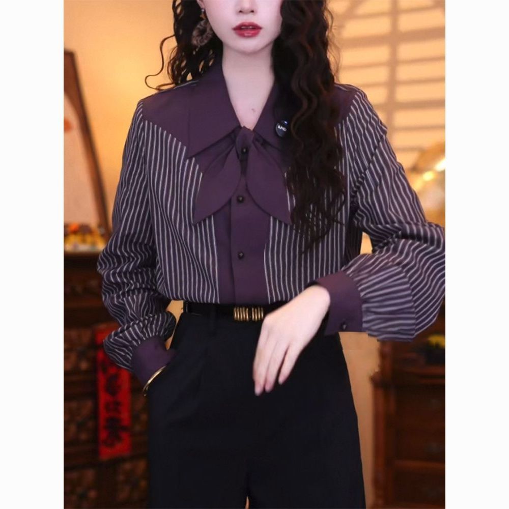 Casual Stripe Long Sleeve Wome - Vintage Fashion Hong Kong ulasan dan harga